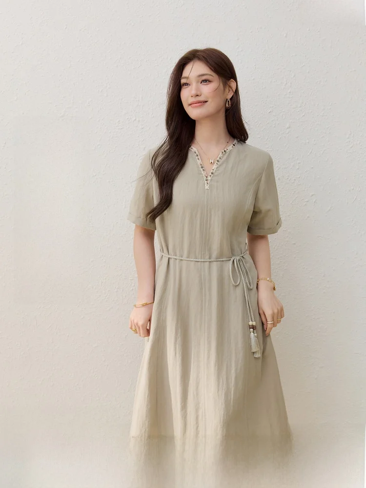 

Elegant V-neck Dress Large Size Women's Clothing Lenzing Lyocell Fabric A-line Skirt Short Sleeve Mid-length Spring Dress