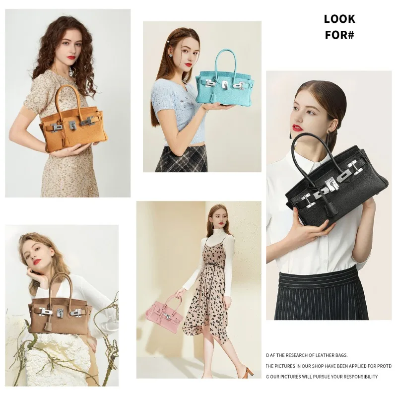 กระเป๋าถือหนังวัวแท้ 100% สำหรับผู้หญิง ดีไซน์เนอร์ ฤดูใบไม้ร่วง-ฤดูหนาว 2025  หนังแท้ หัวเข็มขัดเงินยาว แพลตตินัม ของขวัญสุดหรู