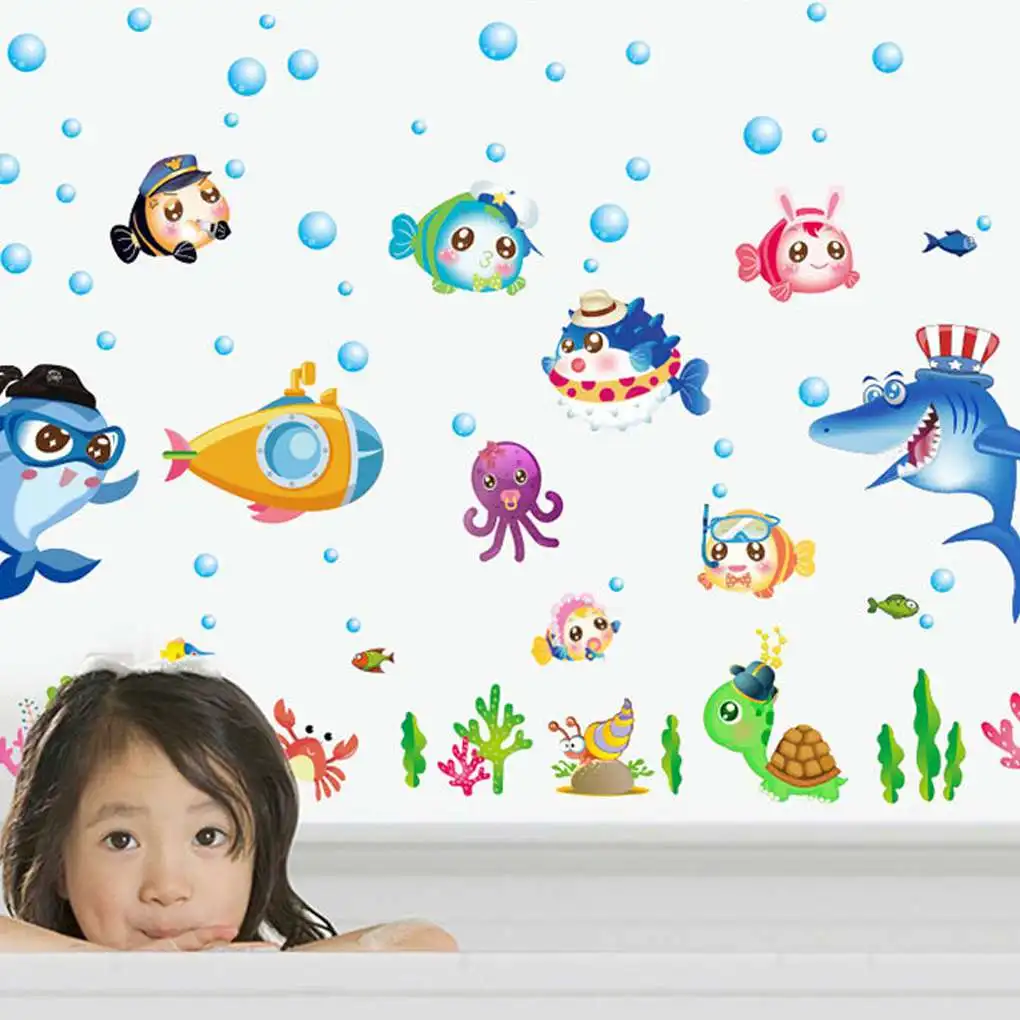 Waterproof PVC Cartoon Under the Sea Wall Stickers Ocean Animals Wall Decal Kid Room DIY Decor