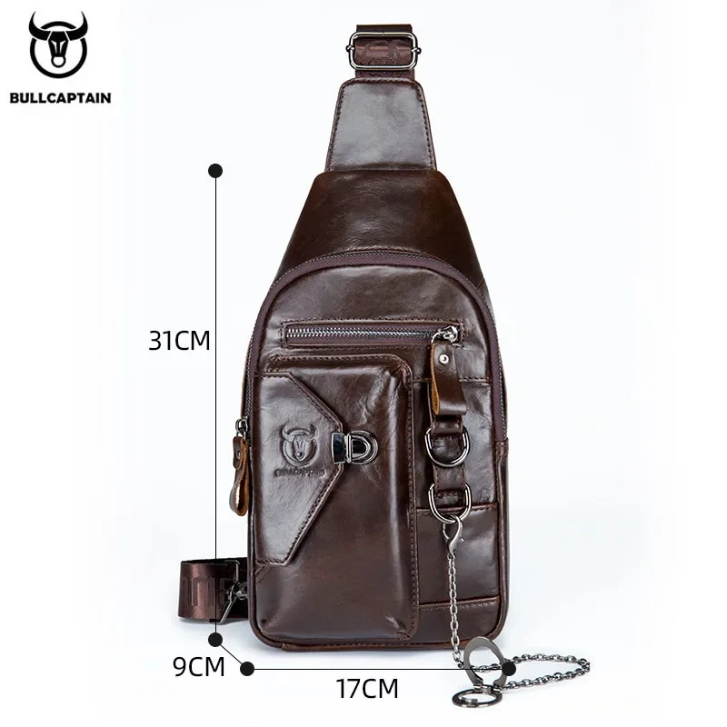 Imagem -06 - Bullcaptainn-bolsa de Peito Masculina Bolsas Mensageiro de Ombro Bolsa Multifuncional para Telefone Móvel 100 Couro Genuíno