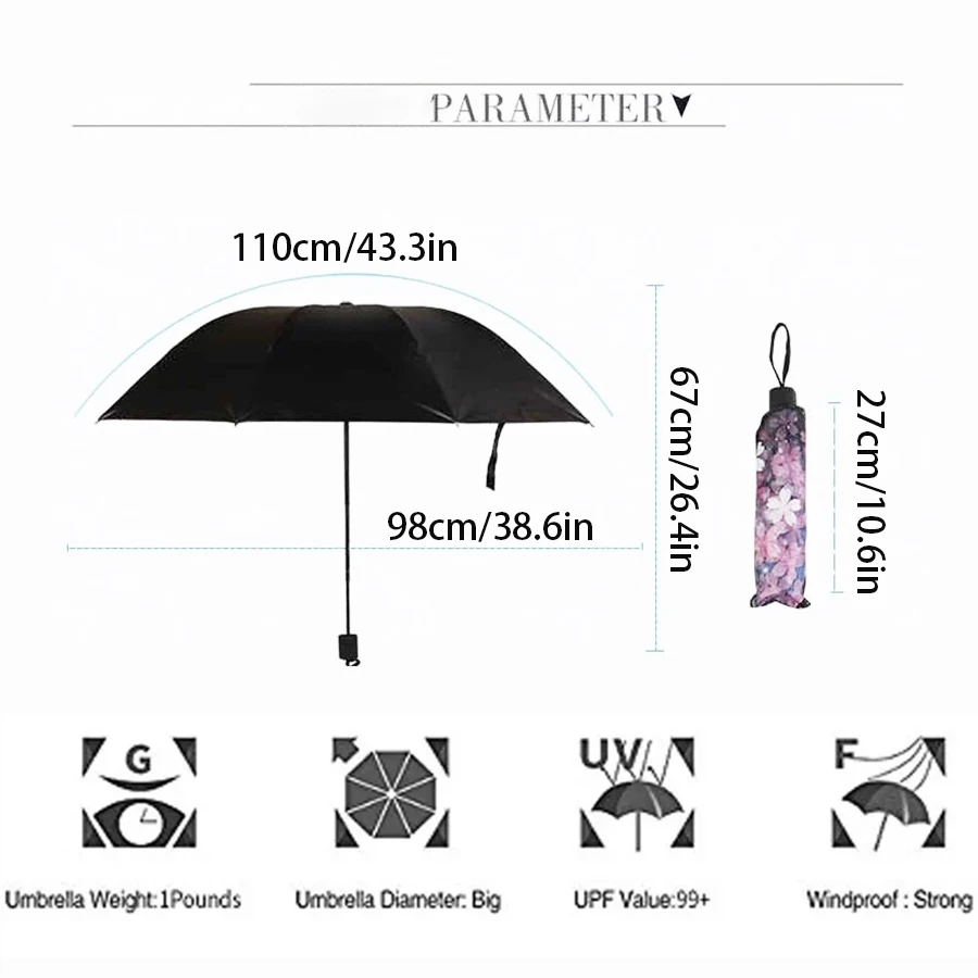 Foldable Inner Printed Small Black Umbrella, Sunny And Rainy Dual-use UV Protection Umbrella, Lightweight Sturdy Travel Manual U