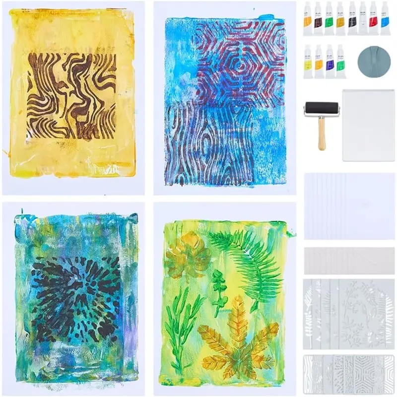 

【FLASH-SALE!】Complete DIY Printmaking Kit With 10 Sets Gel Printing Plates, 6" X 6" Gel Plate, A5 Paper, Paints For Art For Begi