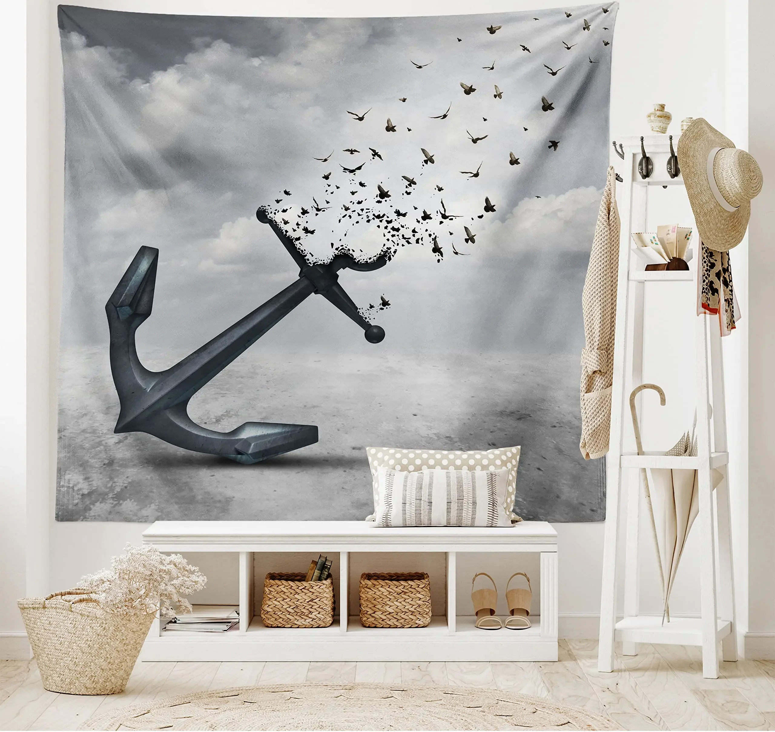 Anchor Tapestry Anchor Shape Flower Floral Silhouette Vacation Happiness Times Wall Hanging for Bedroom Living Room Dorm Decor
