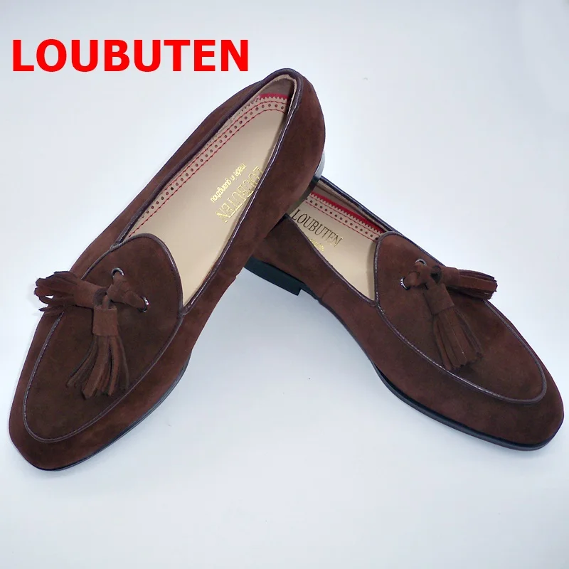 LOUBUTEN Brown Men Suede Shoes Handmade Fashion Tassel Loafers Men Italian Summer Leather Casual Shoes Business Mens Shoes