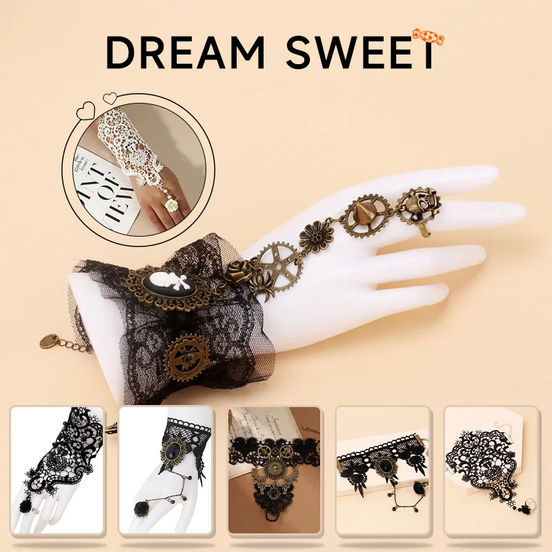 Black Adjustable Punk Lace Chain Mittens with Nail Finger Wrist Rings Metal Hand Harness Bangles Sexy Halloween Jewelry Accessor