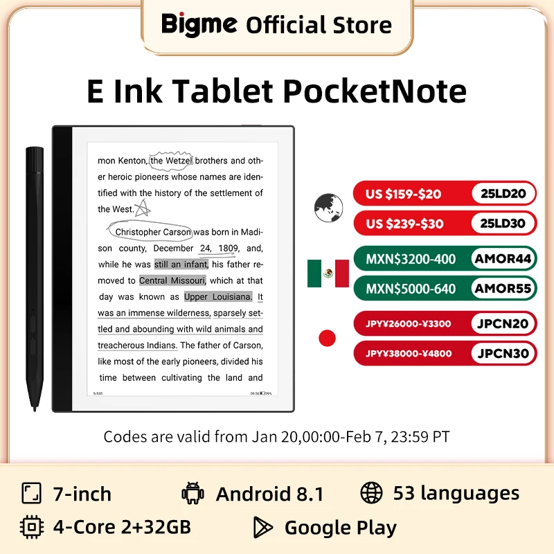 Bigme pocketnote 7-inch e Ink Screen electronic Ebook eReader E-paper tablet eink ebooks e-reader support kindle APP