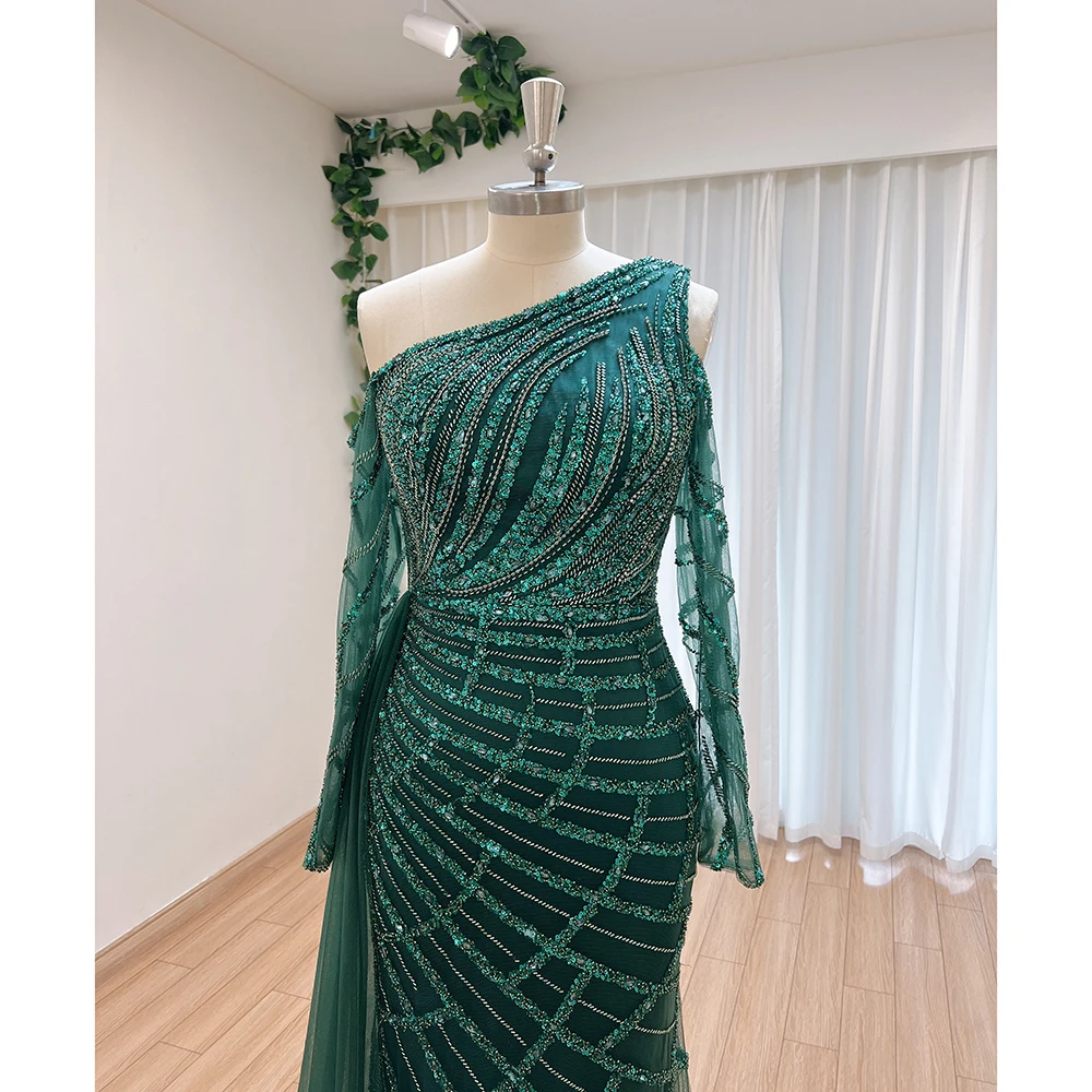 Elegant Emerald Green One Shoulder Mermaid Evening Dress with Overskirt 2023 Luxury Dubai ArabicLong Sleeves Wedding Party Gown