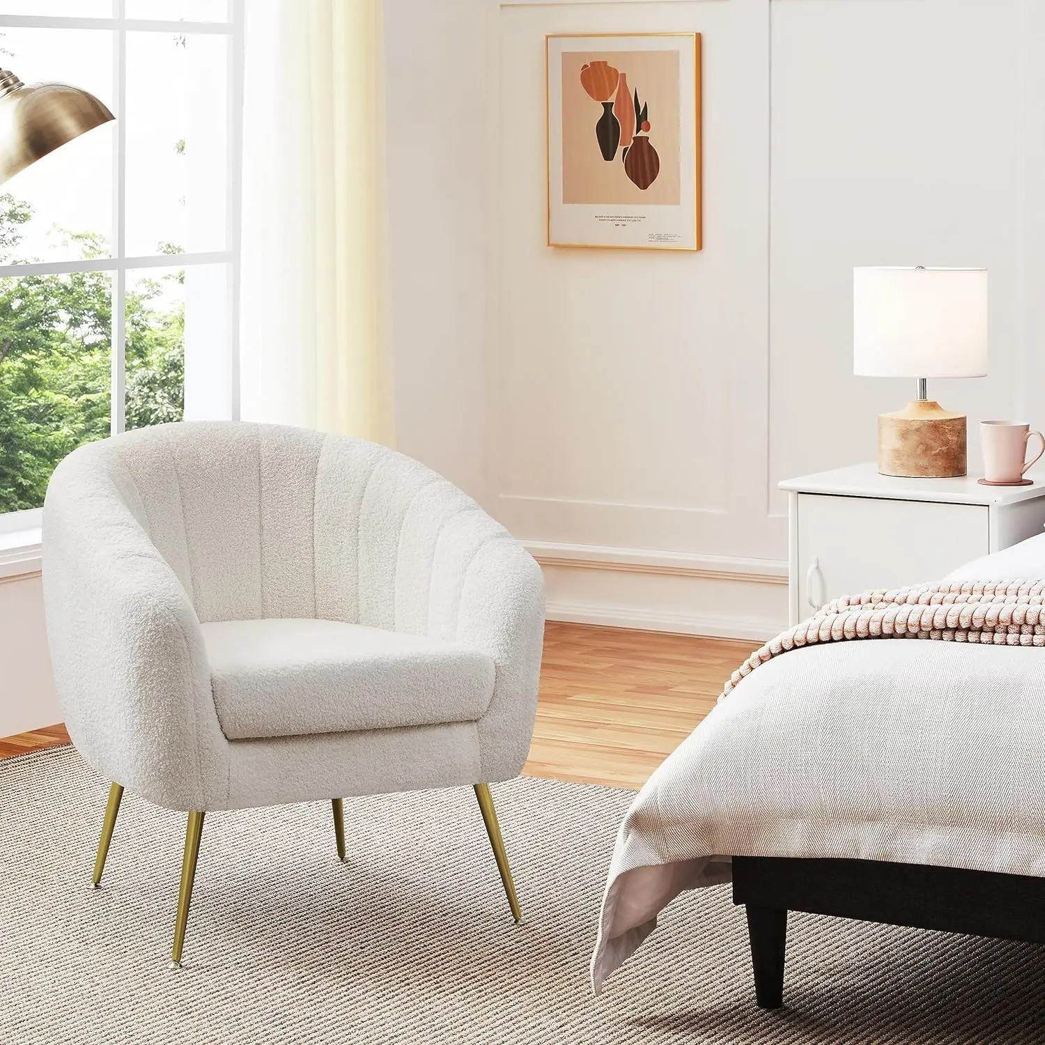 

Modern Cozy Vanity Chair with Gold Metal Legs, Boucle Fabric Armchair with Removable Seat Cushion for Living Room Bedroom