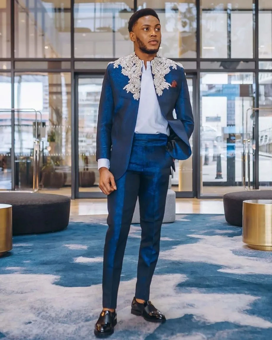 الديكور الرجال بدلة الزفاف 2 قطعة الأزرق الداكن يزين البدلات الرسمية العريس سليم صالح مخصص السراويل الدعاوى سترة