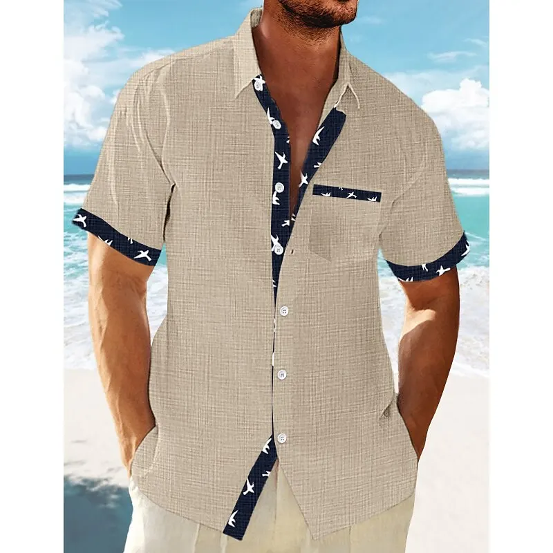 Men\'s shirt summer casual fashion beach shirt short-sleeved striped lapel spring and summer Hawaiian vacation top