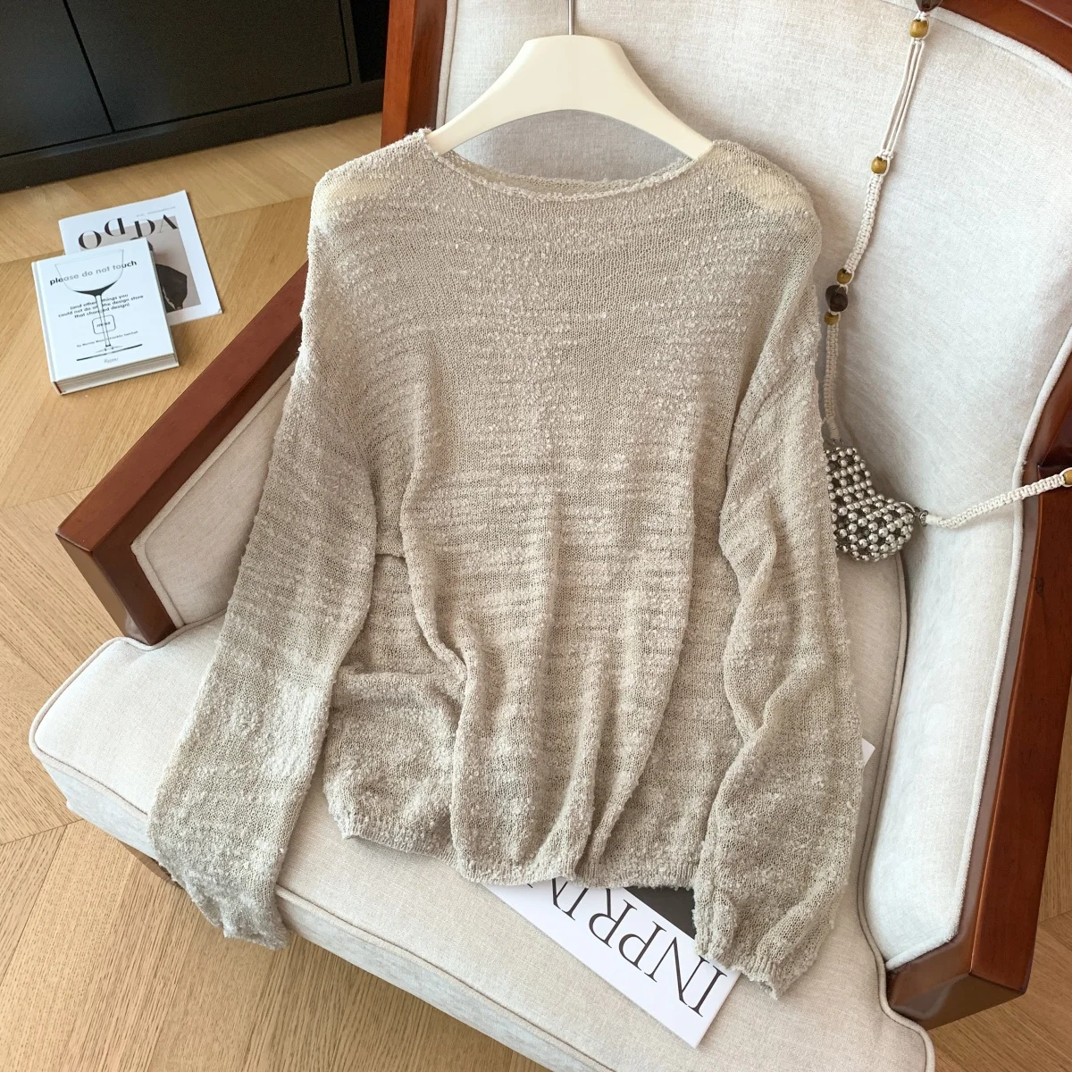 Suéter de punto calado suave y largo para mujer, Top de otoño cómodo y holgado, prendas de punto de algodón versátiles rojas Lazy Sle