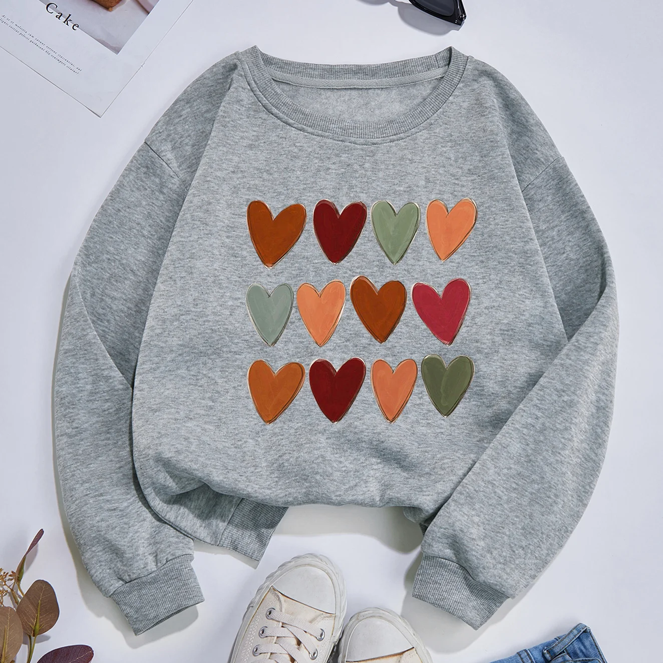 

Fall Love Hearts Print Women Sweatshirt Soft Casual Loose Vintage Winter Warm Student Tops
