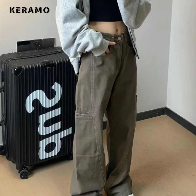 Women's Casual Solid Harajuku Jeans Vintage Aesthetic Mop Loose Washed Pants 2025 Autumn Y2K Wide Leg Punk Baggy Denim Trouser