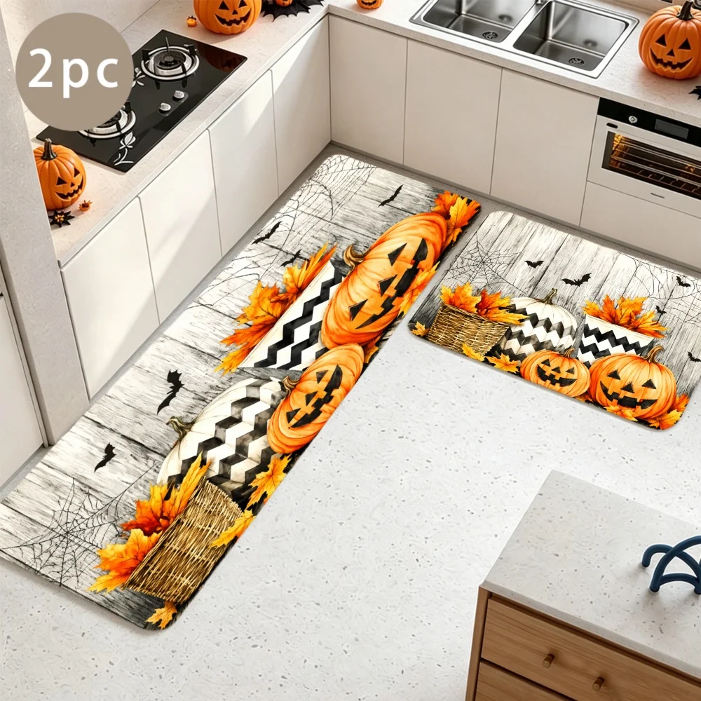 1/2/3pcs Kitchen Rugs, Welcome Door Mat Set, Home Halloween Decoration for Front Door, Kitchen, Bathroom, Halloween Pumpkins Leaves Spiderwebs Chevrons Black Cats Pattern Print Design Dining Mat, Housewarming Party Gift.