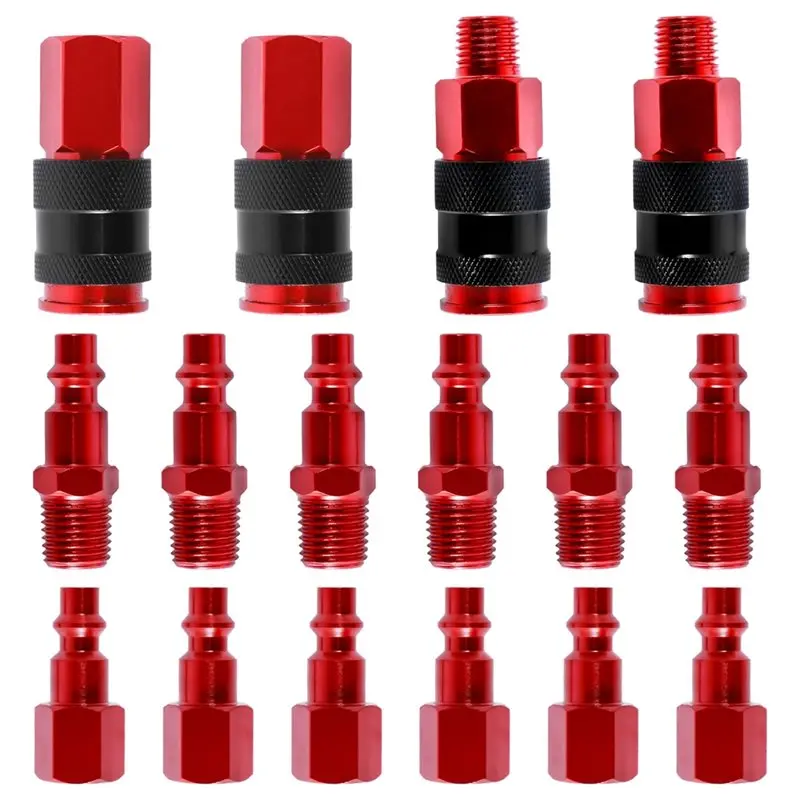 【A08I】Industrial Type Air Coupler 16Pcs Air Hose Fittings Set Air Plug Kit 1/4 Inch Threads Size Air Compressor Parts