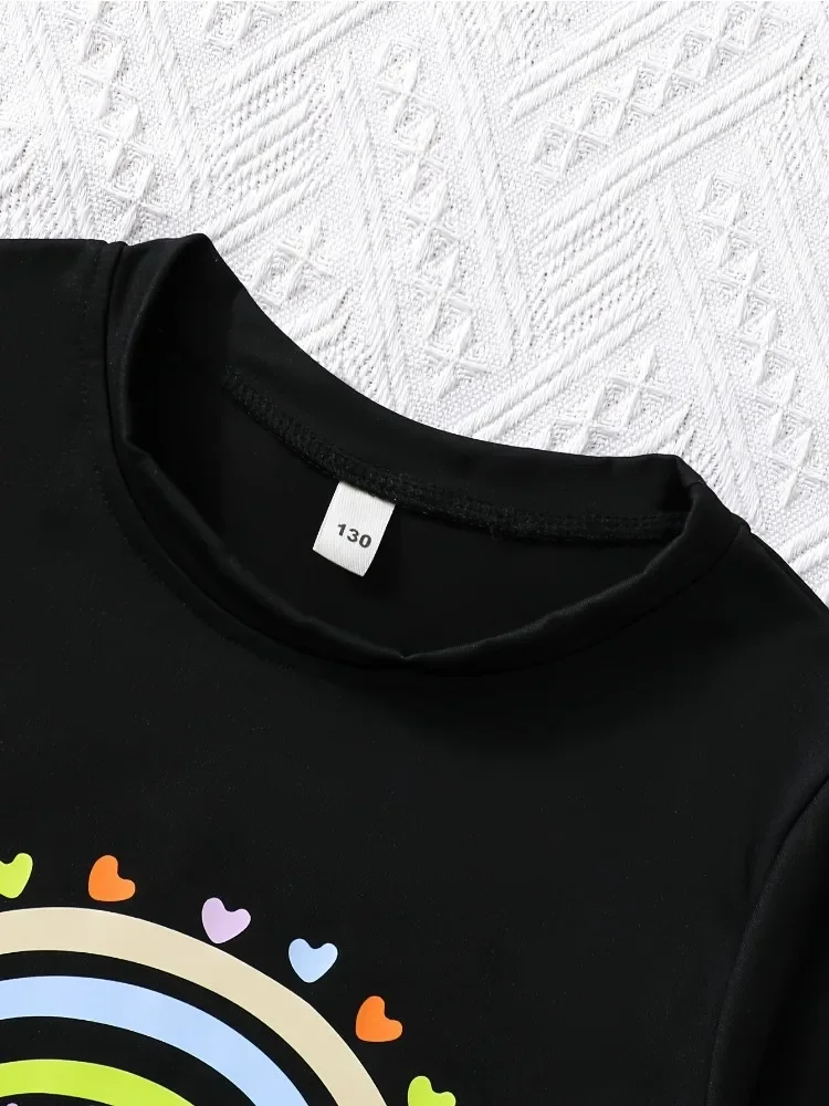 Summer Baby Girl Black Clothes Kid Girls Casual Heart Rainbow Printed T-shirts Children Fashion Crew Neck Short Sleeve Top