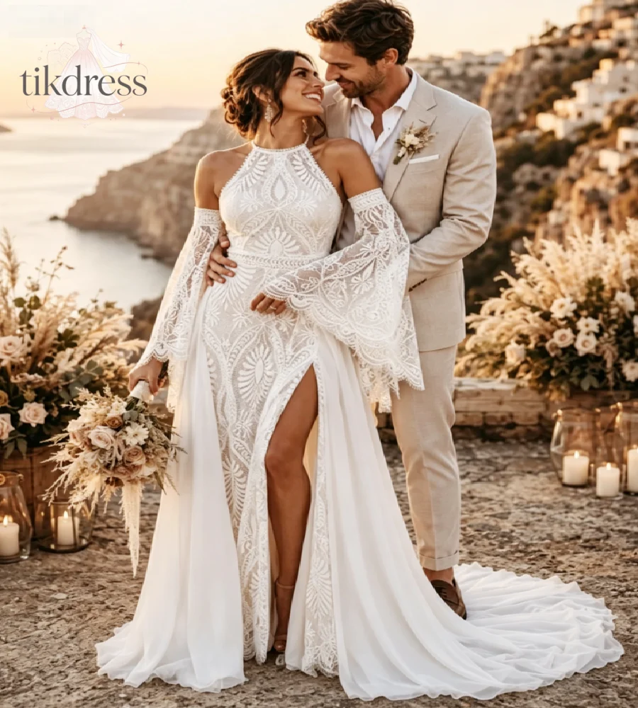 Celtic Boho Wedding Dress Cold Shoulder Bell Long Sleeve Leaf Lace Appliques Chiffon Bridal Gown 2027 Curvy Bohemian High Slit