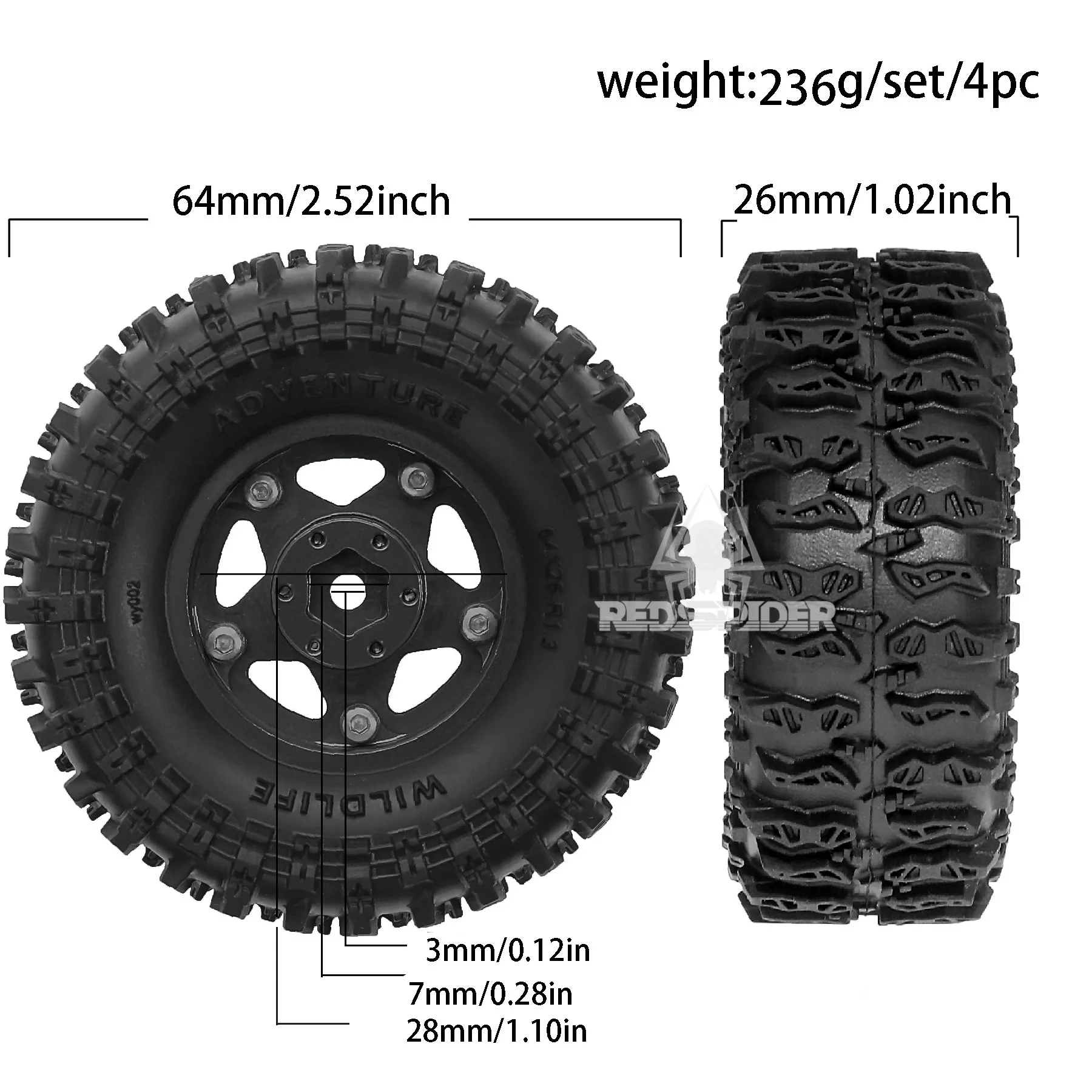 Roues et pneus Beadlock de 1.3 pouces pour voiture sur chenilles 1/18 TRX4M FCX18,1/24 Axai1 SCX24 FCX24 RC, 4 pièces