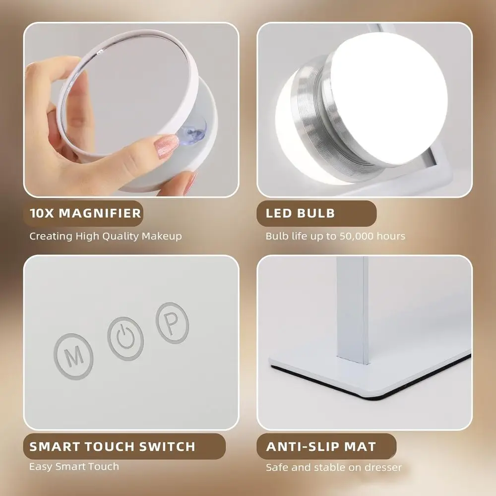 مرآة زينة مضيئة مع 9 مصابيح LED، ودوران 360 درجة، ومرآة مكياج مكبرة على سطح الطاولة 10 مرات #6