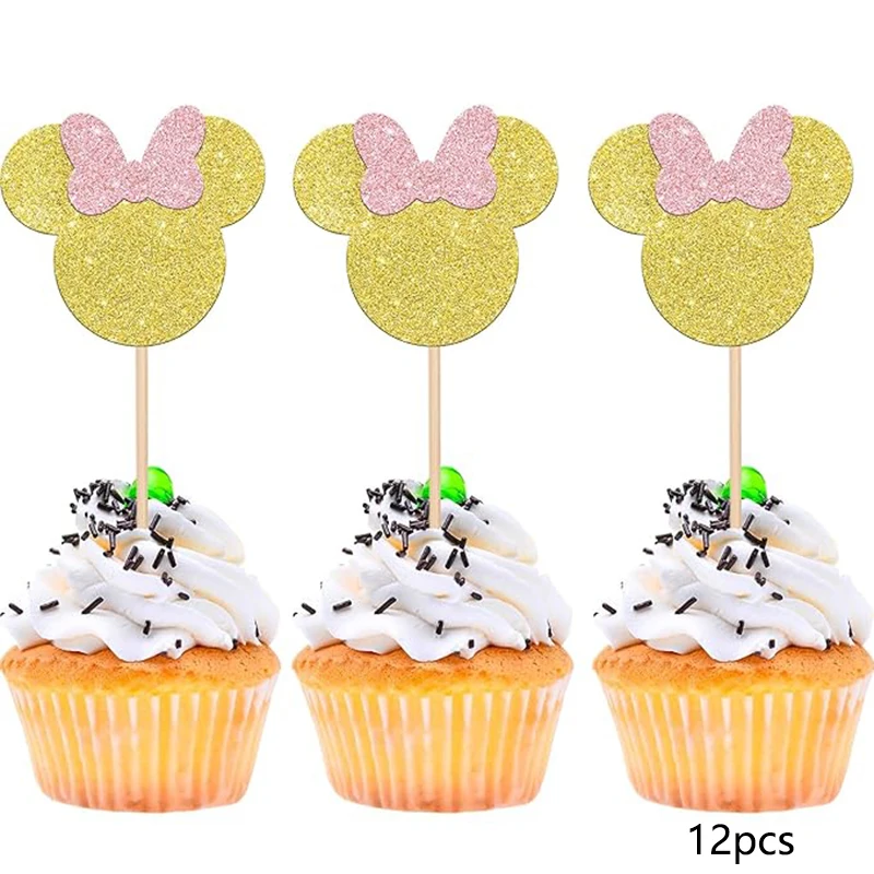12 Stück Mausförmige Tortendekorationen, Mini-Papier-Cupcake-Topper mit Glitzernden Schleifen, Hochzeit, Geburtstag, Party-Tortendekorationen – Detail 7