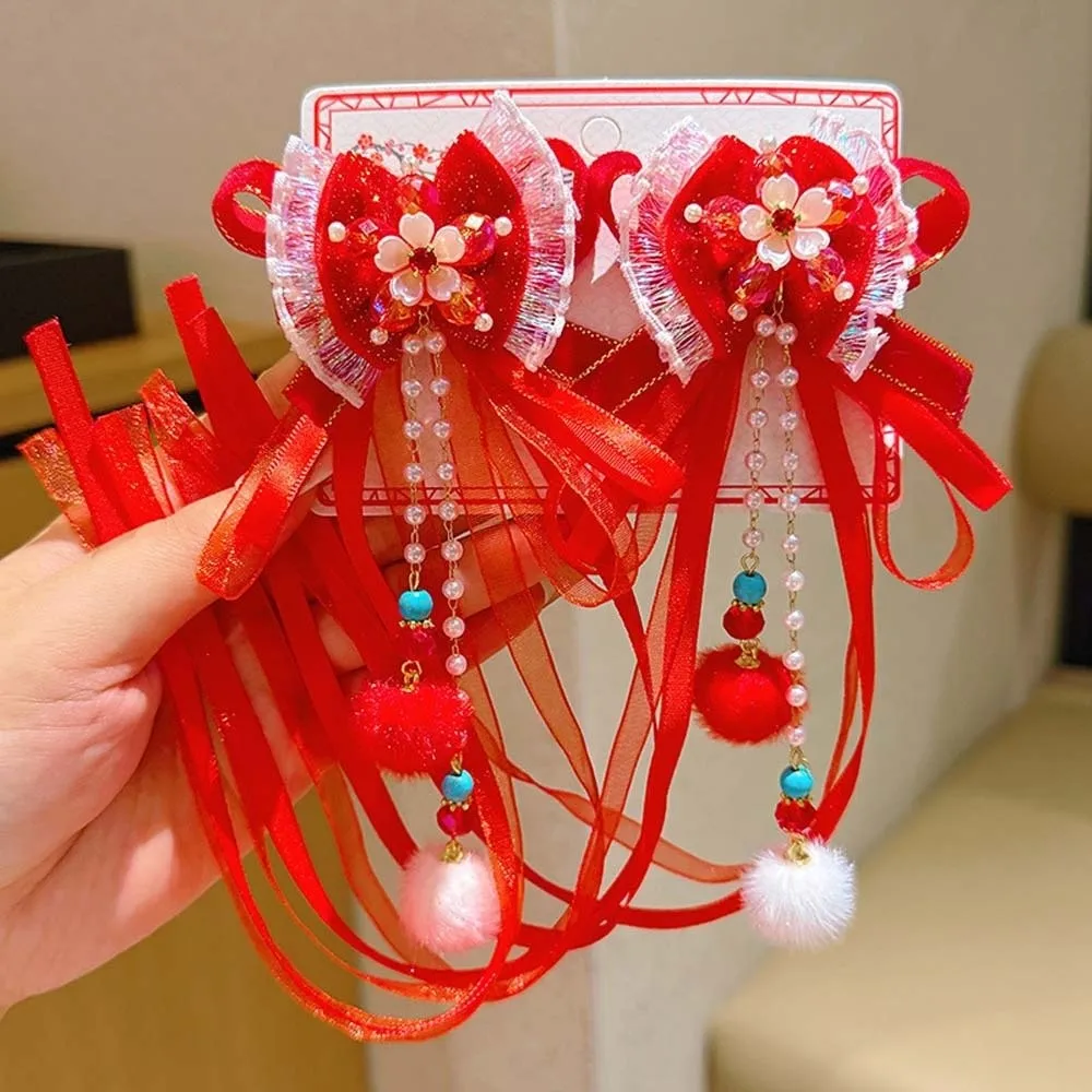 2 قطعة دبوس الشعر الصيني للأطفال الأسد القوس أفخم الكرة السنة الجديدة الشريط المشابك الذهبي قفل زهرة Hanfu إكسسوارات الشعر الطرف #1