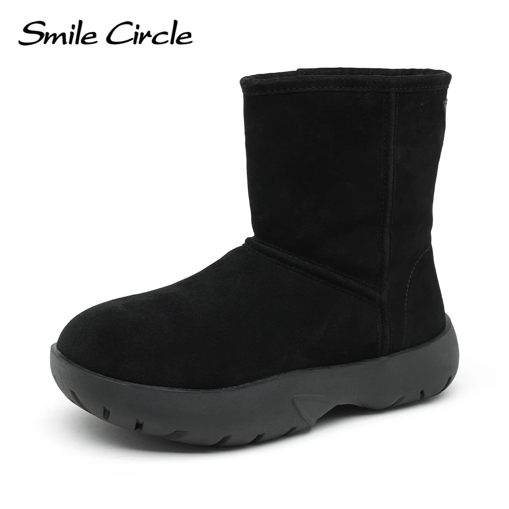 Smile Circle Chunky Snow Boots Women Suede Leather Round toe Warm Short Boots Luxury Brand Design Women Boots