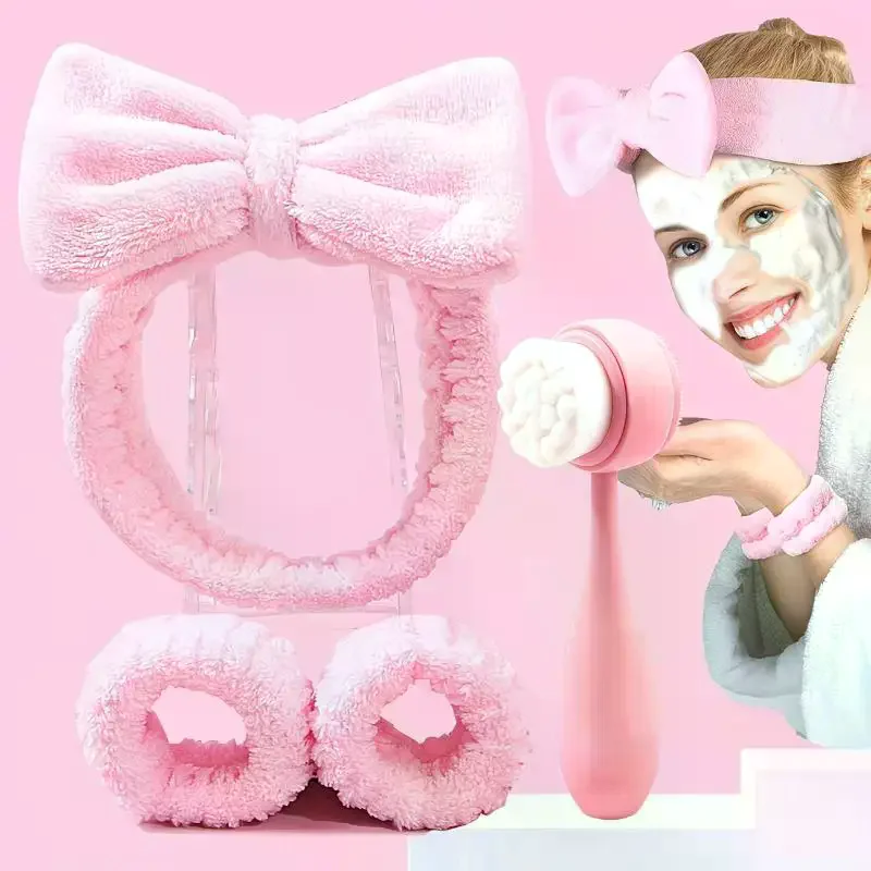 Conjunto de 4 Escovas de Limpeza Facial 3D de Silicone Dupla Face com Faixa de Cabelo e Pulseira para Spa, Limpador de Poros e Esfoliante Facial