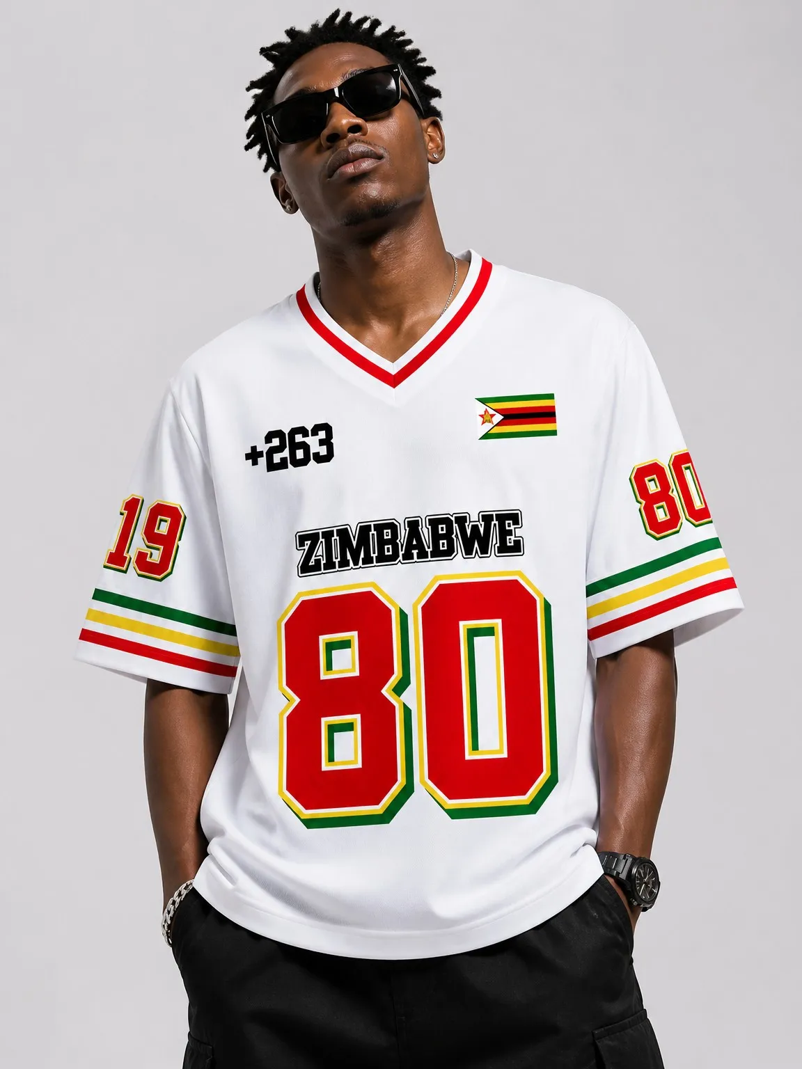 Summer Short-Sleeve Sweatshirt, Zimbabwe Men's V-Neck Short-Sleeve Sweatshirt, White Flag Print Street Style Men's Clothing