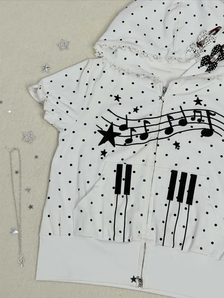Summer Y2K white polka dot women's piano music star print slim fit hooded zipper short sleeved lace border daily fashion T-shirt view 3