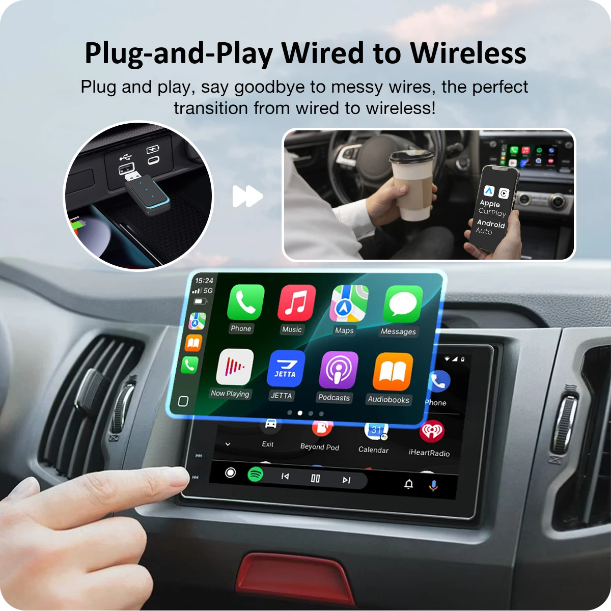 2 In 1 Android Auto Adapter Wireless CarPlay Apple Adapter Car Play Mini TV Box Dongle Plug and Play No Latency for OEM Car