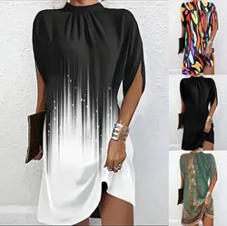 Women's Summer Skirt Fashion Casual Loose Solid Print Bat Sleeve Round Neck Knee Length Dress
