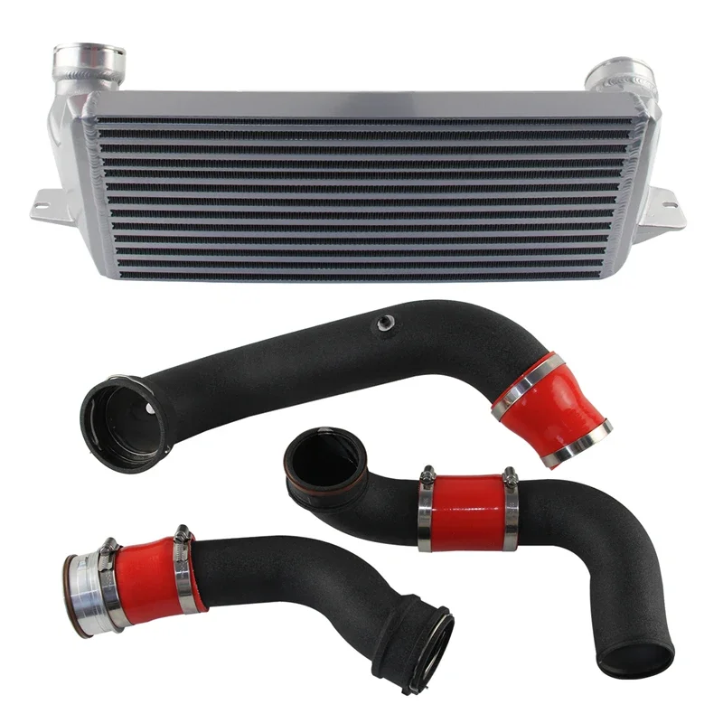 Super Charge Pipe Kit + Competition Bar & Plate Intercooler For BMW N55 E8X E9X E82 E88 E90 E91 135i 335i Black/Red Aluminum