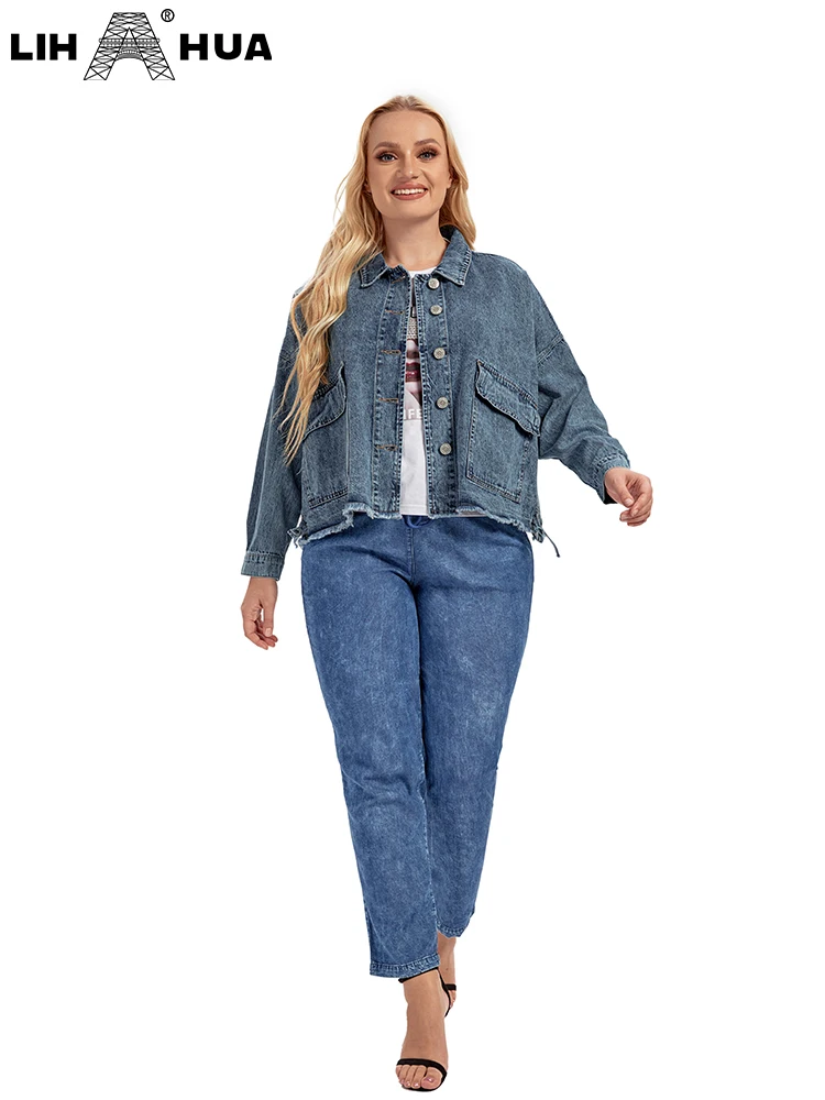 LIH HUA Denimjack voor dames in grote maten Casual high-end stretchjack voor dames met zakken