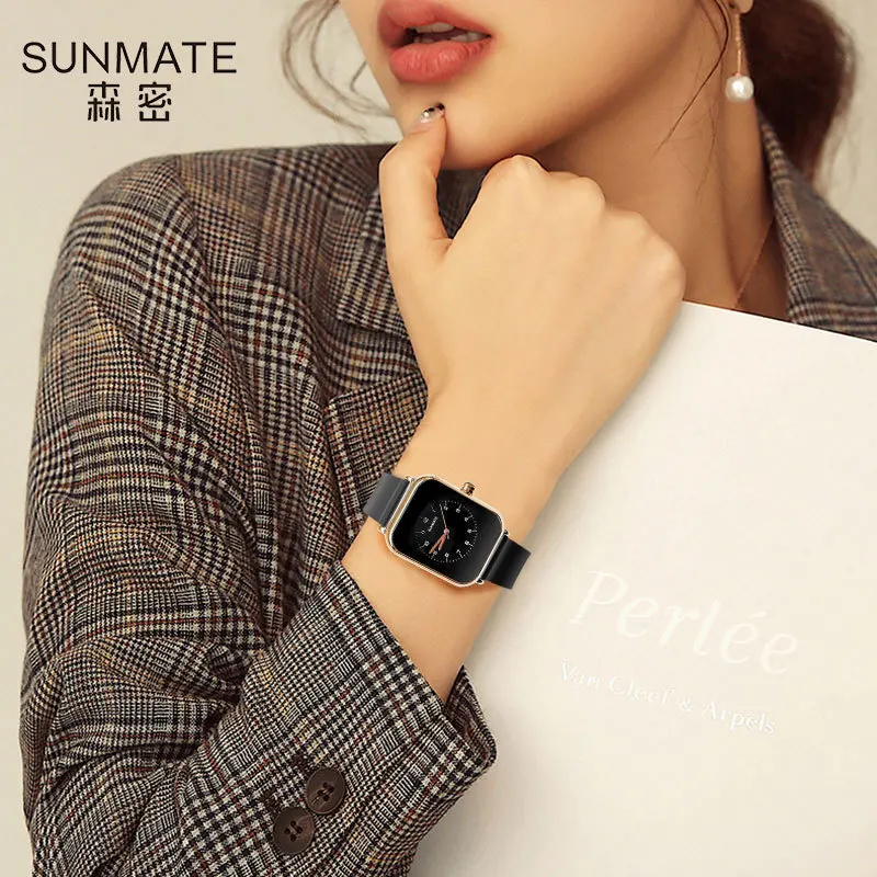 SUNMATE Nordic Style Rectangular Simple Fashion Women's Watch Japanese Quartz Movement Stylish Leather Strap with Free Watch Box