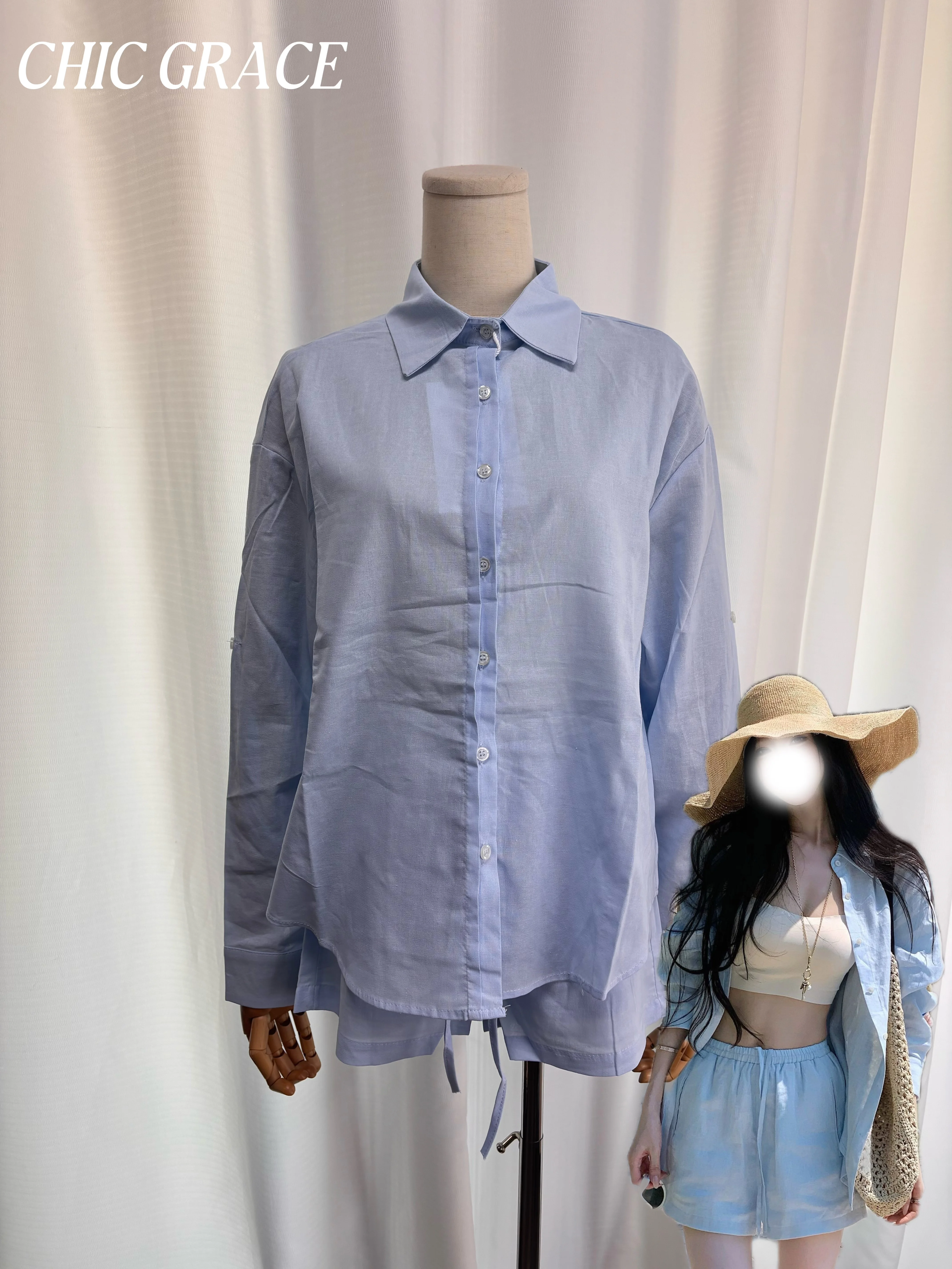 

Real Shot Women's 2 Piece Summer Linen Outfits Long Sleeve Button Shirt Drawstring Shorts Loose Casual Sunscreen Beach Cover Up