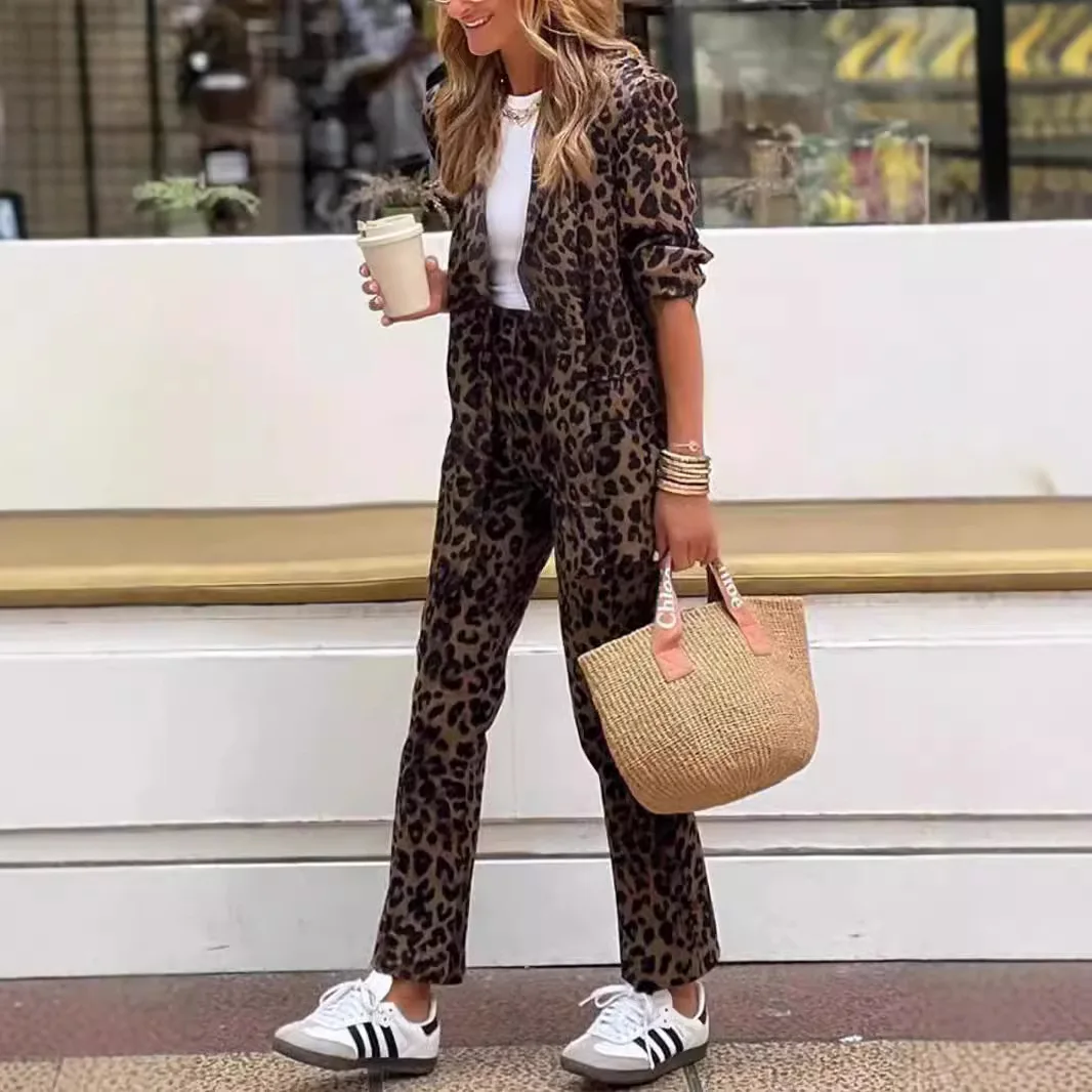 Fashion Leopard Print Women\'s Two Piece Sets Elegant Office Ladies Suit Lapel Long Sleeve Blazer Coat Long Pants Casual Outfits