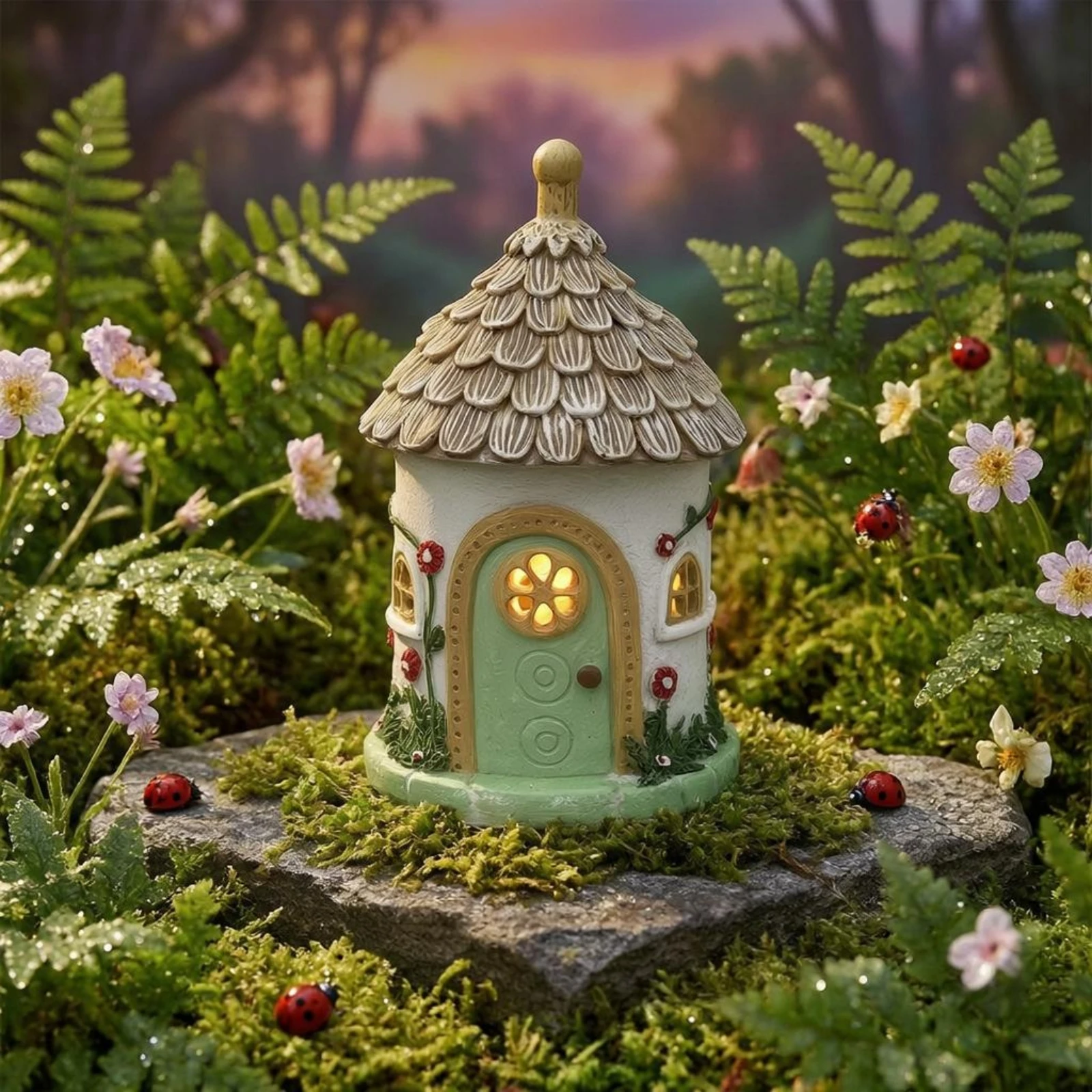 Thatched Roof Cottage Floral Vine Solar House Light Cottage Ornament Mini Village Hut Figurine Long-Lasting