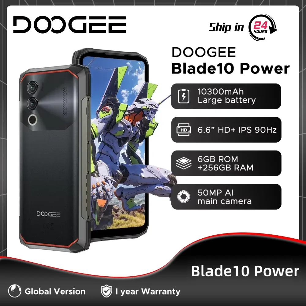 DOOGEE Blade10 ponsel Android 14 versi Global, ponsel tahan banting 6GB 256GB 6.6 ''HD + 90Hz layar IPS baterai 10300mAh kamera AI 50MP