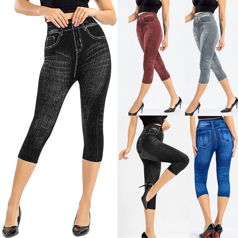 1 stks Womens Denim Print Legging Vrouwelijke Mode Slanke Legging Faux Jeans Legging Lady Stretch Gedrukt Leggins Broek Capri Broek