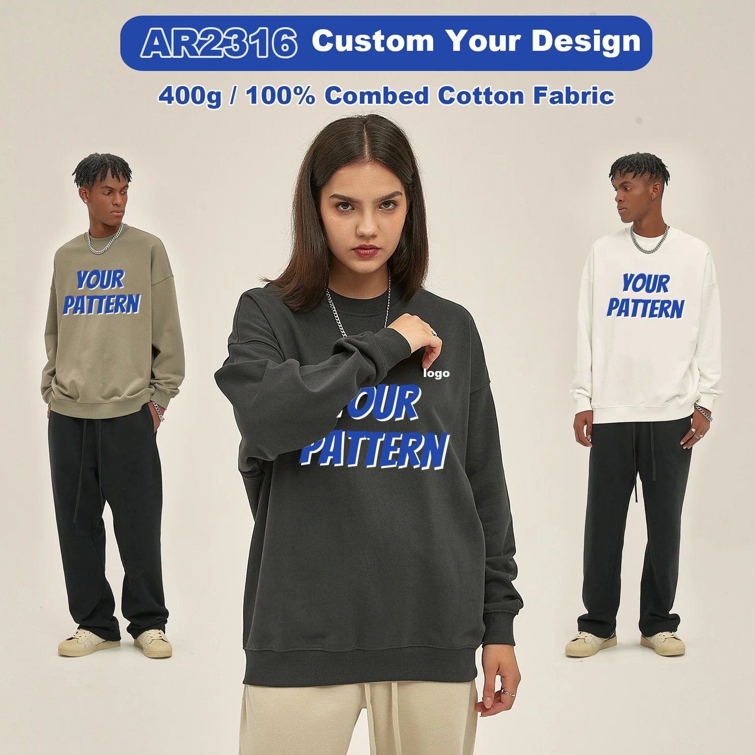 Customise Pure Cotton Round Neck Oversize Sweatshirt  Printing Logo Hedging Party Class Service Advertising   Solid Color Blank