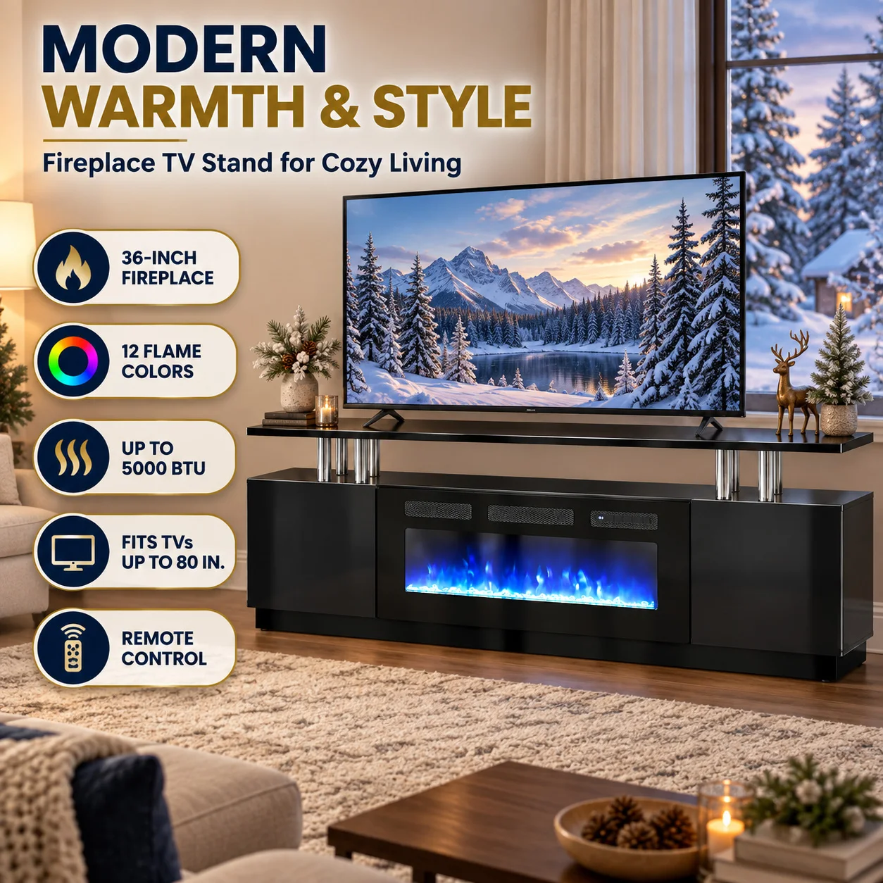 Modern Electric Fireplace TV Stand for 80 Inch TV 36 Inch Fireplace Heater with 12 LED Flame Colors Adjustable Temperature Brightness Storage Cabinets Media Console for Living Room