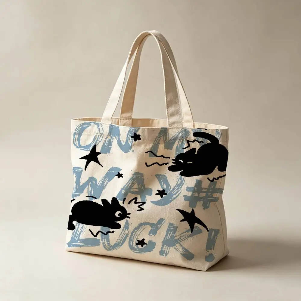Lucky Cat Canvas Tote Bag Waterproof Lining Large Capacity Reusable Shopping Bags Casual Student Daily Handbag