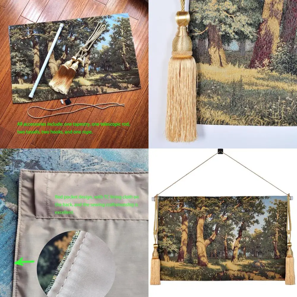 

Vintage Enchanted Oak Forest Tapestry, Green Woven Art with Rod & Tassels, 42x27 Decor for Home