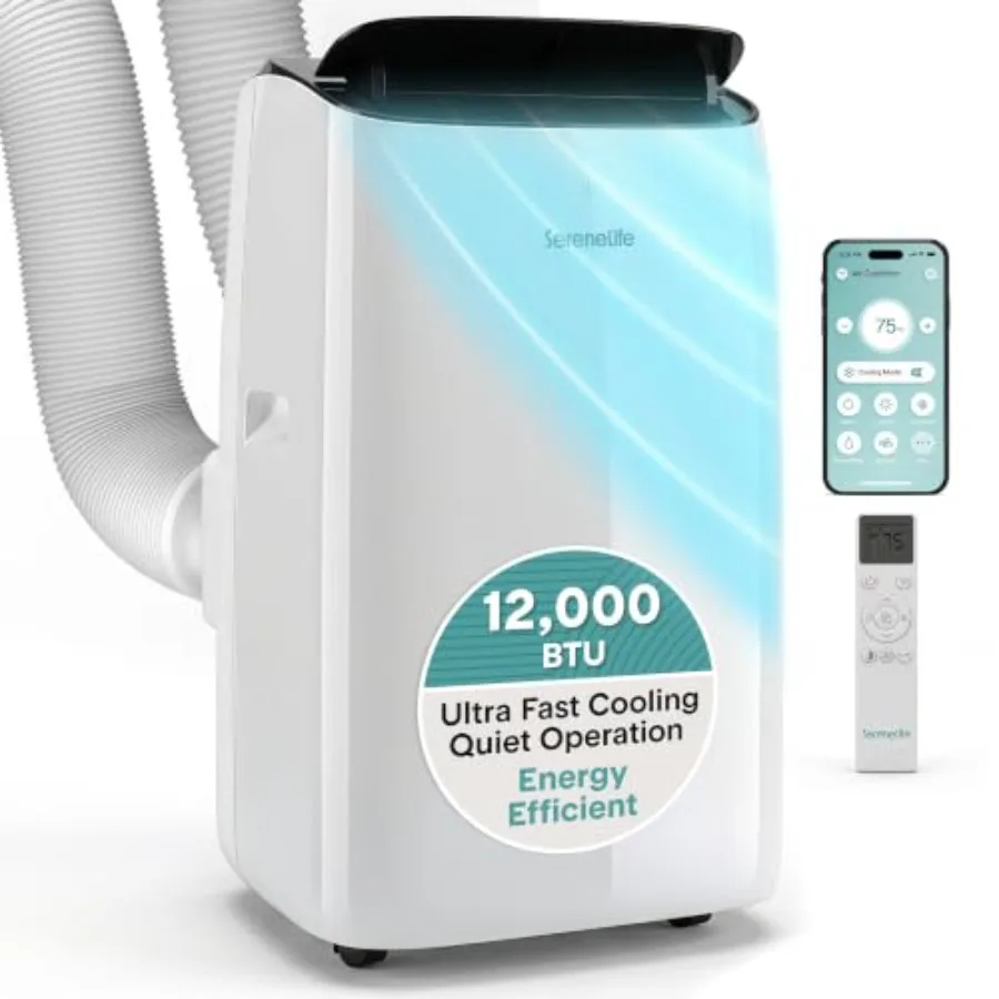 Portable AC for home use, white ABS plastic, white color, 12000 BTU inverter cooling with Wi-Fi, dehumidifier and dual hose sys
