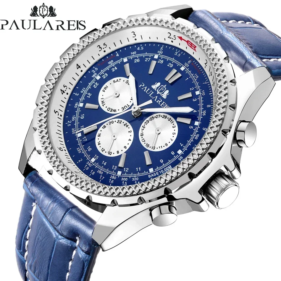 ساعة ميكانيكية أوتوماتيكية بحركة الرياح الذاتية باللون الأسود والبني والأزرق وحزام جلدي أنيق للرجال