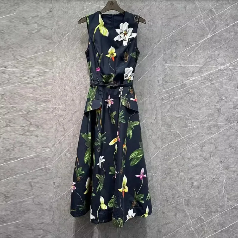 New 2025 Spring Fashion Designer Dress High Quality Ladies Beautiful Floral Print Pocket Patchwork Sleeveless Midi Black Dress