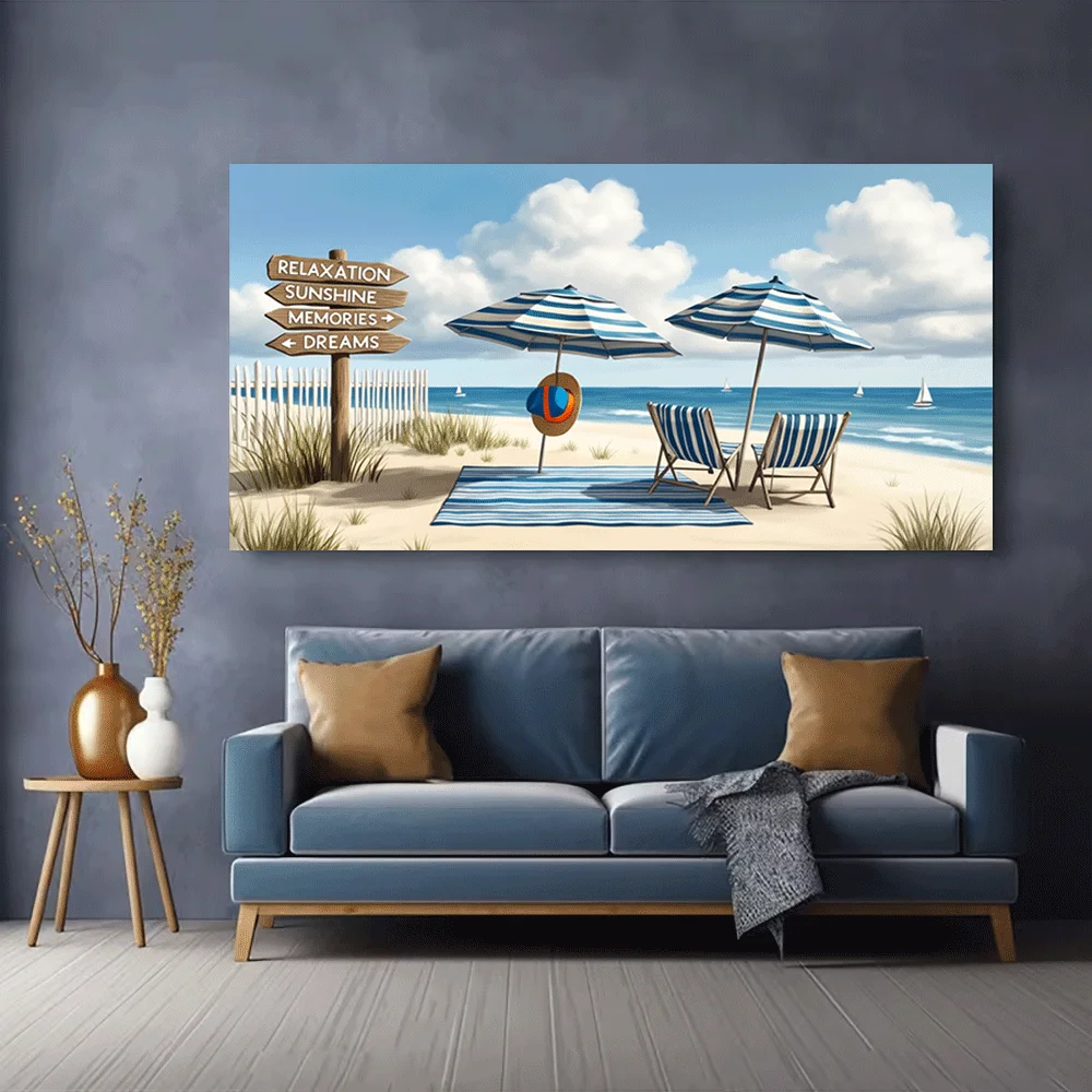 1pc frameless Canvas Painting 1PC-Canvas poster Unframed  Beach Umbrellas Chairs And Sign Relaxation Sunshine Memories Dreams Oc