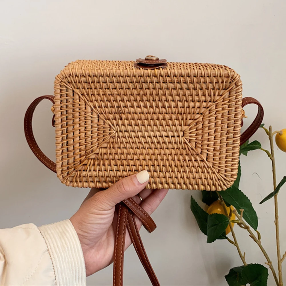 Handwoven Crossbody Bag Adjustable Strap Rattan Composite Shoulder Bag Large-capacity Portable Storage Ladies Shopping Trip