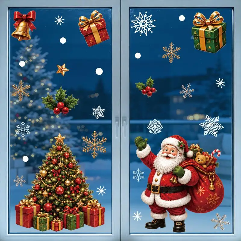 Christmas Window Wall Decal Sticker 1/2/4 Sheets Cartoon Snowflake Snowman Santa Claus for Storefront Xmas Decor
