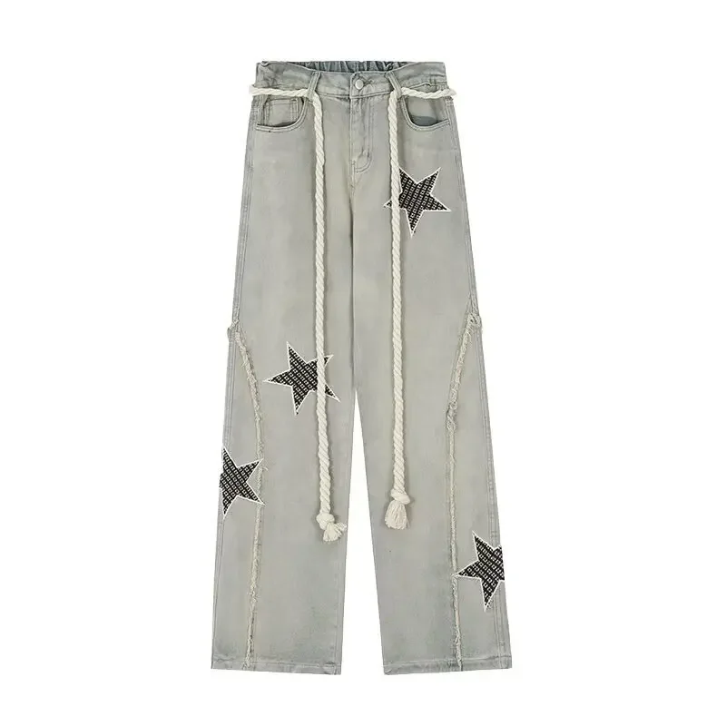 Streetwear pantaloni in cotone a gamba larga Hip Hop donna Jeans dritti alla moda pantaloni Casual in Denim larghi per ragazze di moda con coulisse